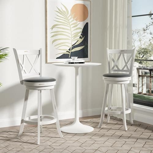 Antique White Swivel Bar Stools - High Back, Upholstered Seat & Solid Wood Footrest (Set of 2)