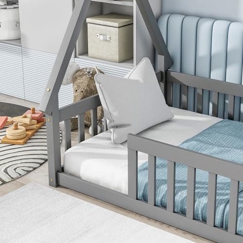 Montessori Floor Bed for Kids with Guardrails, Twin Size, Tent-Shaped Grey Frame