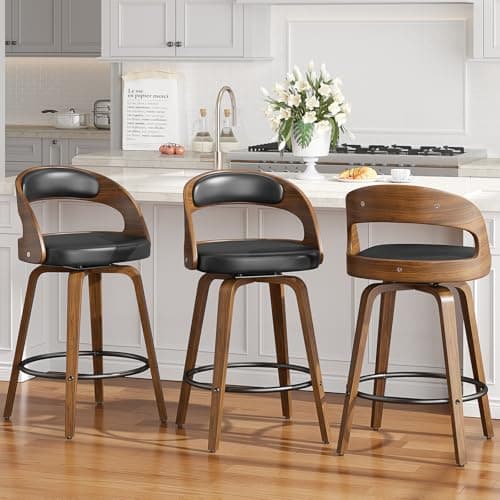 Mid-Century Modern Black Bentwood Bar Stool Set, 26" Counter Height, Kitchen and Bar