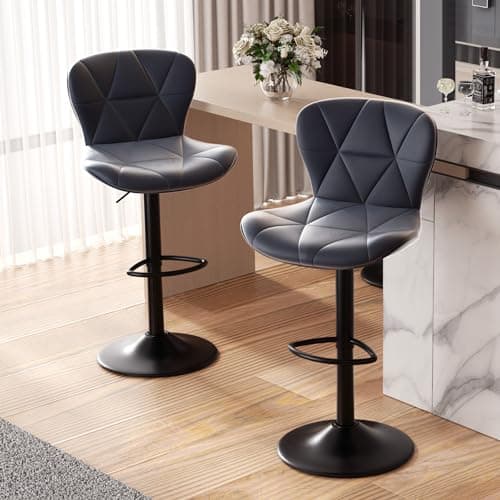 Dark Grey Adjustable Faux Leather Bar Stools, Counter Height Swivel Chairs with Back for Kitchen Island