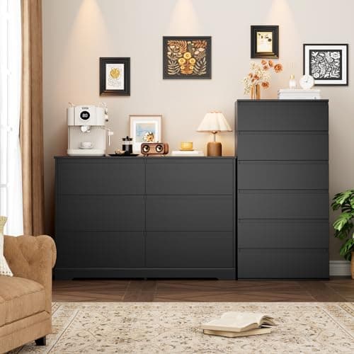 Fotosok Black Modern 6-Drawer Double Dresser, Wide Storage Cabinet