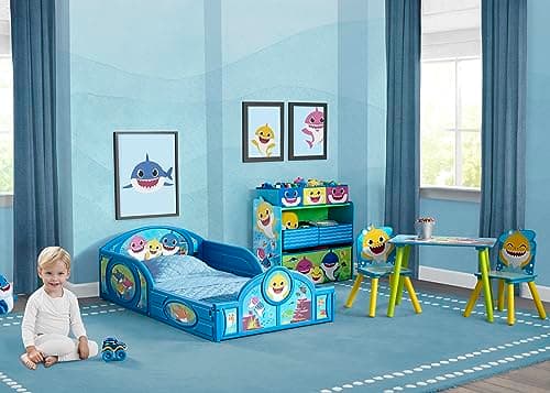 Delta Children Blue Baby Shark Plastic Sleep and Play Toddler Bed with Guardrails