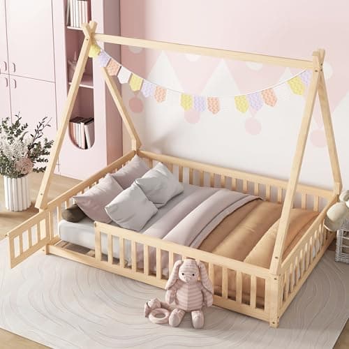 Montessori Full Size Wood Teepee Floor Bed with Slats and Guardrails