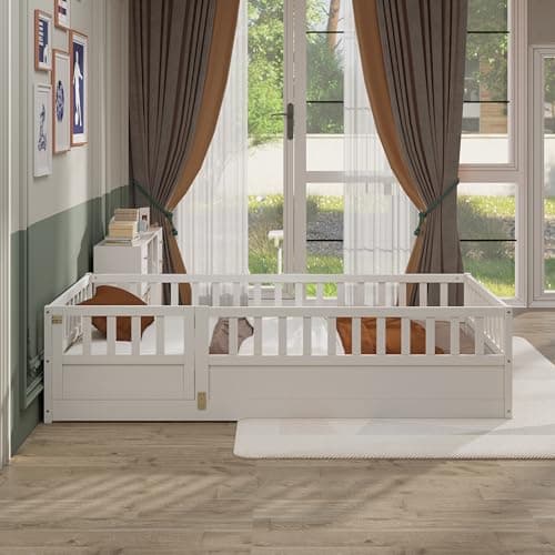 KEIKI Twin Montessori Floor Bed with Fence & Door, White