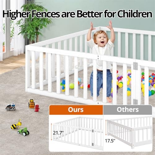 Multifunctional White Montessori Queen Bed with Fence & Door for Kids
