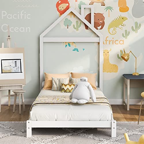 i-POOK Twin Size House Bed with White Roof and Chimney, No Box Spring Needed