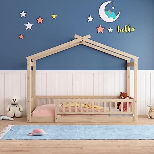 i-POOK Twin Size Montessori Bed Playhouse with Fence and Roof for Kids