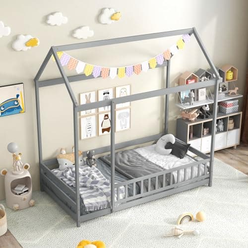 KOMFOTT White Wooden Twin Bed with Safety Guardrail & Roof for Kids