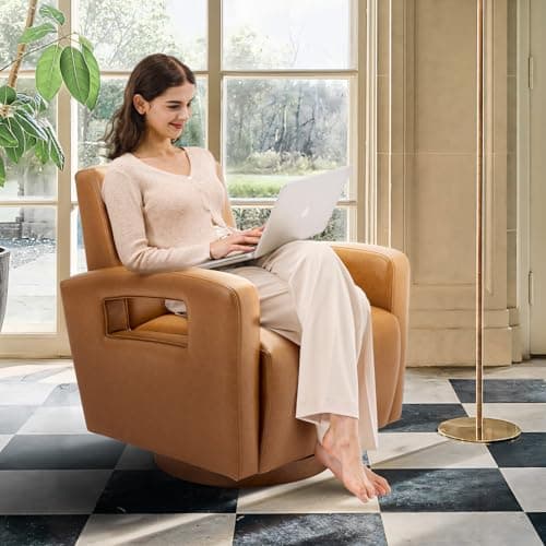 Lightbrown Faux Leather Swivel Chair Set, Solid Wooden Base, Ergonomic Backrest