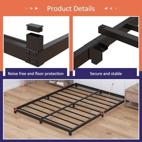 Queen Size Low Profile 4-Inch Metal Bed Frame - No Box Spring Needed, Easy Assembly, Heavy Duty, Black