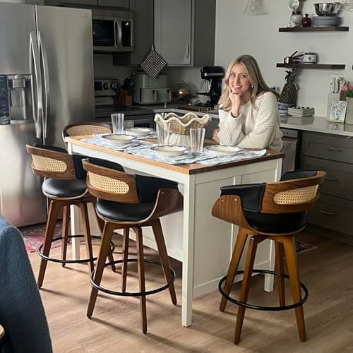 Mid Century Modern Walnut Beige Rattan Swivel Bar Stools with Cane Back