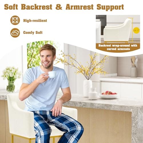 Modern 26" Counter Height Bar Stools, Linen Back, Gold Metal, Set of 3