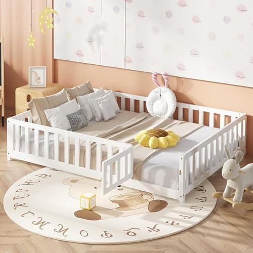 Bellemave Full Size Montessori Bed Frame with Door, Fence & Natural Wood