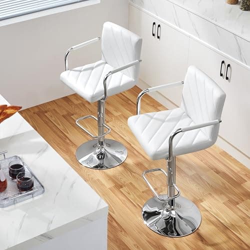 Yaheetech Height Adjustable Swivel Bar Stools Set of 2 White with Back Armrest Footrest