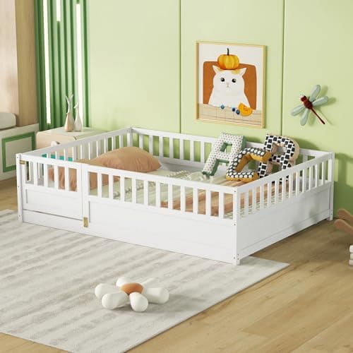 Gray Montessori Twin Size Floor Bed with High Fence, Door and Slats for Kids