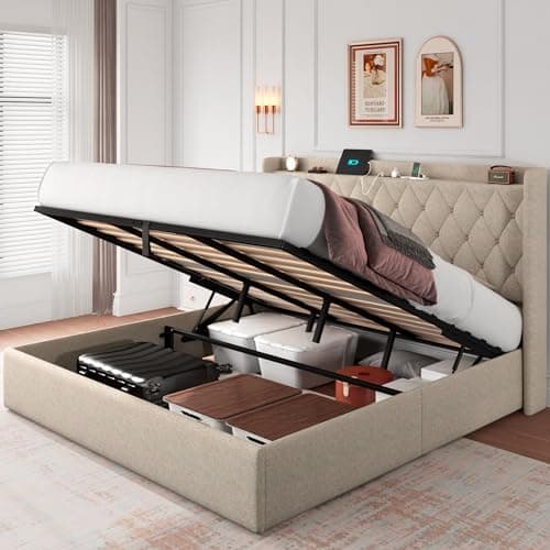 iPormis Queen Storage Bed with Charging Station, Light Grey