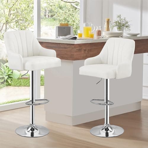 VECELO Counter Height Bar Stool Set, Adjustable with Back & Arm, Swivel PU Leather, White