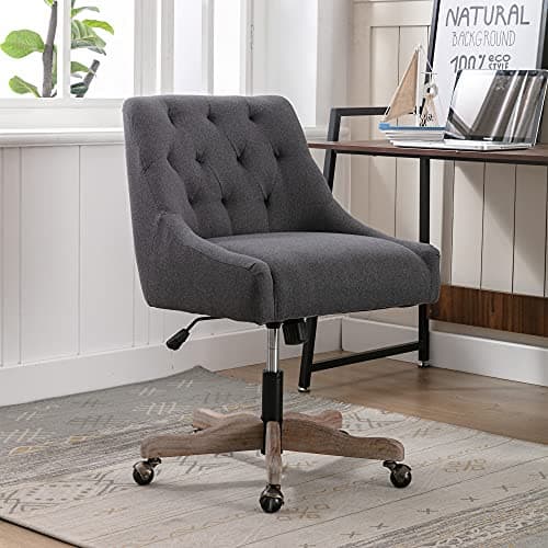 i-POOK Charcoal Swivel Desk Chair, Height Adjustable with Button Tufted Back & Solid Wood Feet