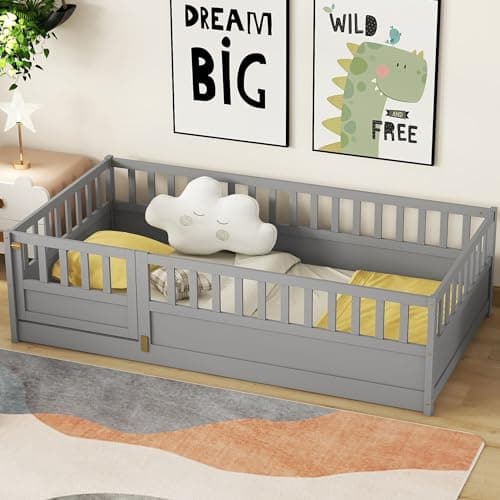 Montessori Twin Size Floor Bed with High Fence & Door (Gray)