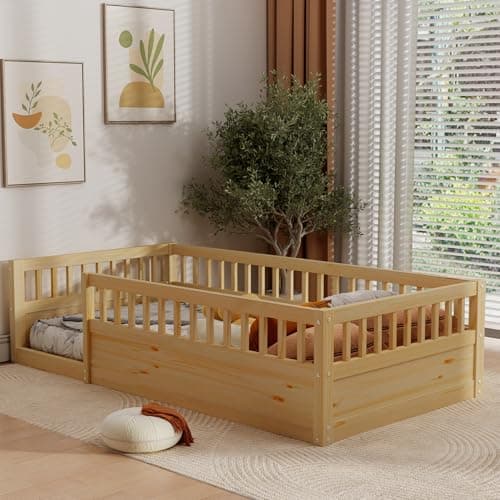 Montessori Ball & Cast Full Floor Bed Frame with Fence, White, No Box Spring Needed