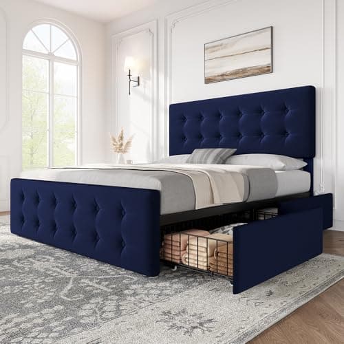 IDEALHOUSE Queen Size Linen Upholstered Bed Frame with 4 Drawers & Headboard, Dark Grey