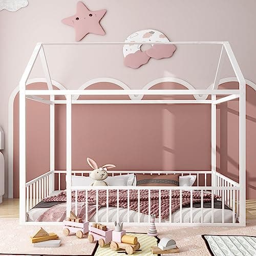 Bellemave Montessori Twin Size House Floor Bed, White
