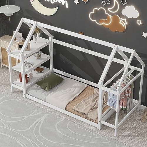 Wooden Montessori Twin Size Floor Bed with Roof Frame and Detachable Stands - White House-Shaped Tent Bed for Children