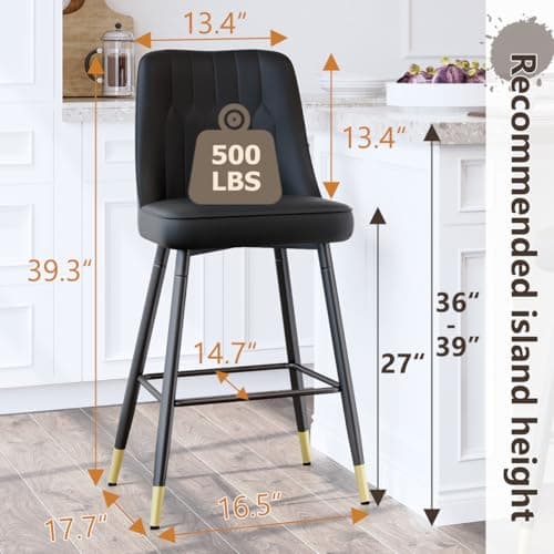 Modern Black Counter Height Bar Stool Set of 4, Faux Leather with Stable Legs