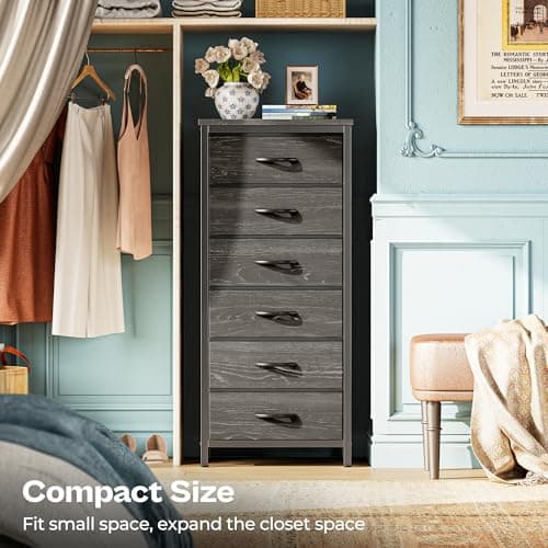 Charcoal Black Wood Grain Print Tall Dresser with 6 Drawers & Metal Frame