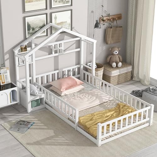 Pine Wood Twin Floor Bed with Safety Guardrail & House Headboard for Kids