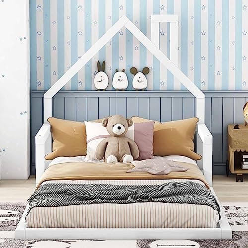 Harper & Bright Designs FullSize House-Shaped Kids Bed, Solid Wood Slats, No Box Spring Needed,Natural