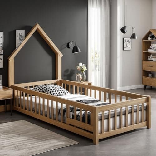 Twin Size Montessori Floor Bed with Door & Roof, Easy Assembly & Guardrails, Natural Finish