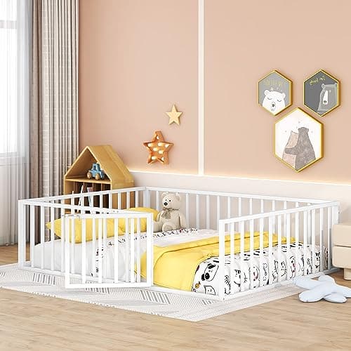 Queen Size Metal Floor Bed Frame with Fence & Door, White, No Box Spring Needed