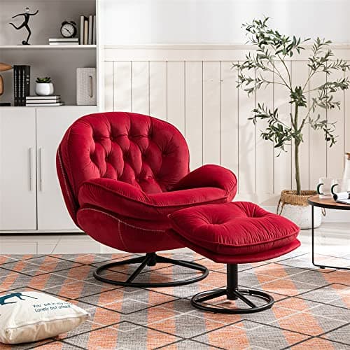 Velvet Swivel Accent Chair with Ottoman Set for Living Room, Red