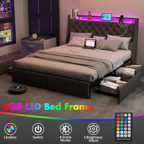 Queen Size Bed Frame with Storage Drawers & LED Lights, Upholstered Headboard, Charging Station, Steel Support, No Box S