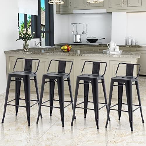 Industrial Matte Black Bar Stool Set of 4 Counter Height Kitchen Island Chairs