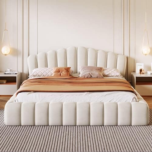 LUSPAZ Beige Queen Size Floor Bed with Shell Headboard and Vertical Seams