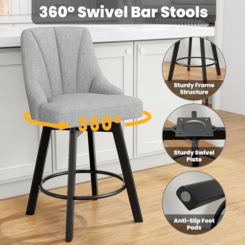 Light Gray Fabric Back Bar Stools, 24" Counter Height Set of 2