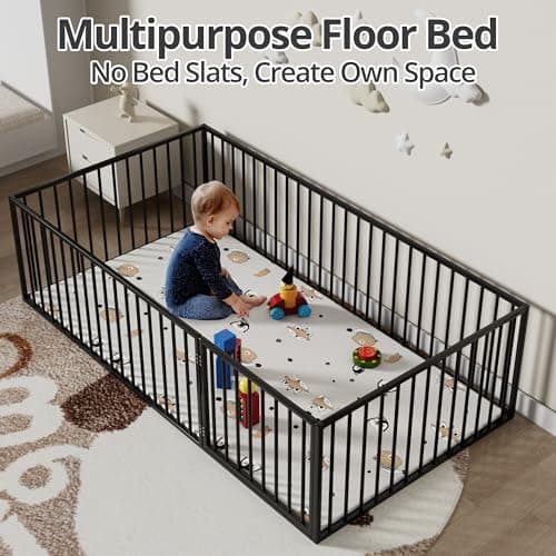 Montessori Safety Floor Bed Frame for Kids, Black No Box Spring Needed