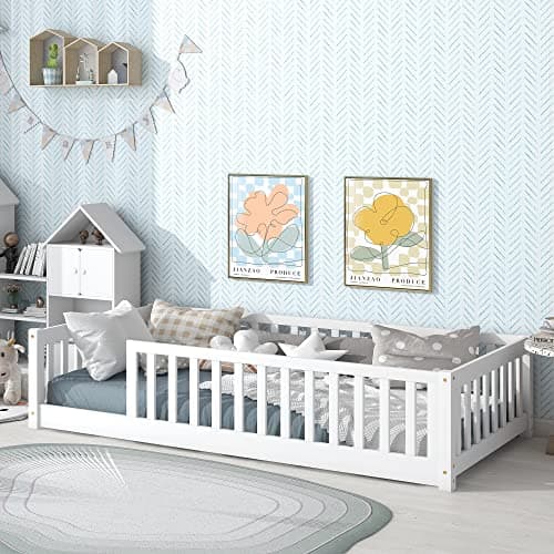 Montessori Twin Size Toddler Floor Bed with Wood Slats for Boys and Girls