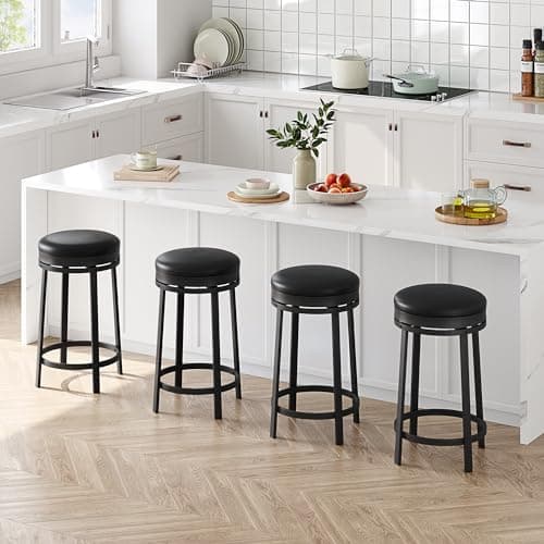 IDEALHOUSE Black Backless Swivel Bar Stools Set of 2, 24" Counter HeightPU Leather & Metal
