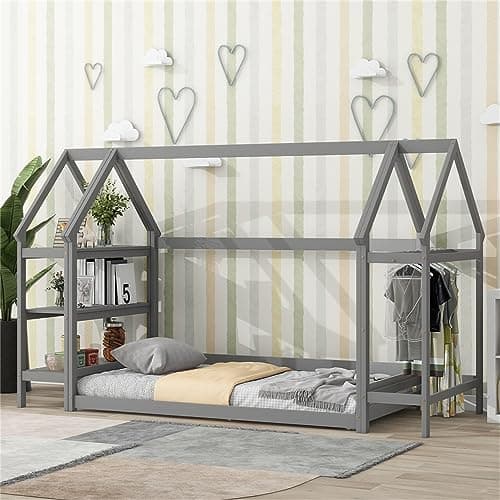Wooden Montessori Twin Size Floor Bed with Roof Frame and Detachable Stands - White House-Shaped Tent Bed for Children