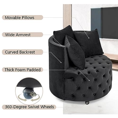 Modern Velvet Swivel Barrel Chair with 3 Pillows, 4 Wheels and 360 Degree Swivel