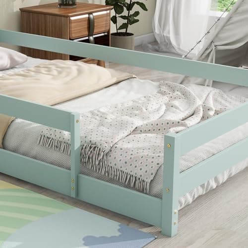 Montessori Twin Floor Bed with House-Shaped Headboard and Fence Guardrails