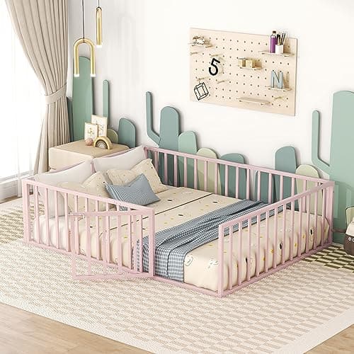 Full Size Metal Fence Bed with Door, Versatile Montessori, No Box Spring Needed, Easy Install, White