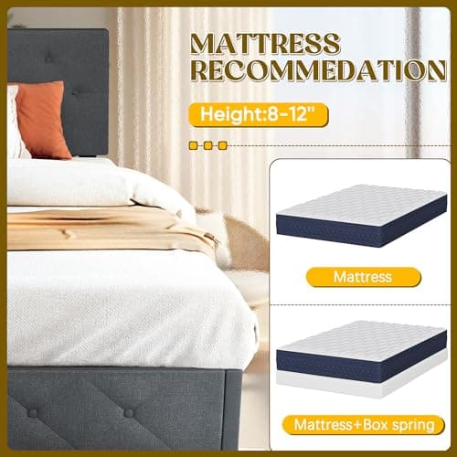 Queen Bed Frame with Headboard Storage Drawers, Mattress Foundation, Grey