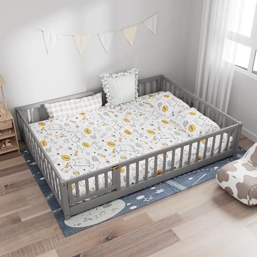 Queen Size Solid Wood Platform Bed Frame, Fence-Shaped Guardrails, Gray