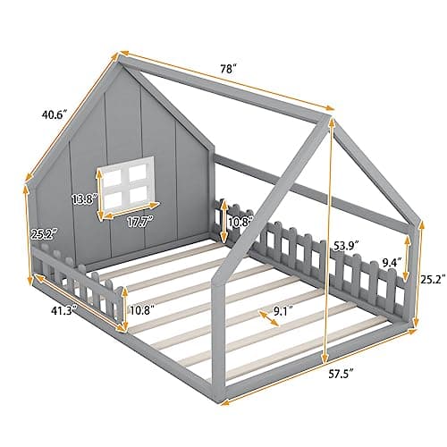 Wooden Montessori Floor Bed for Kids, No Box Spring Needed - Gray