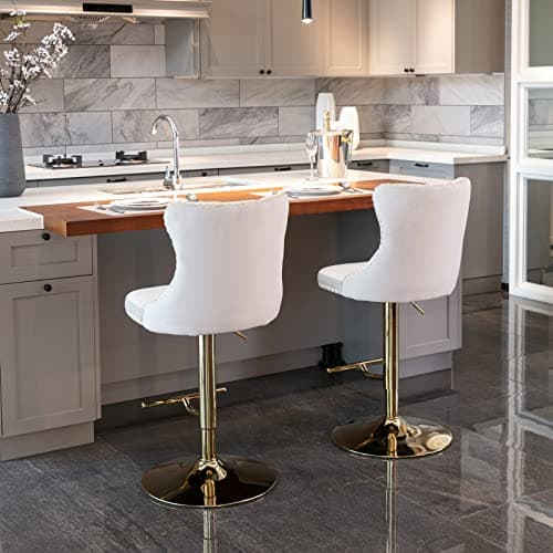 Set of 2 Velvet Swivel Bar Stools with Nailheads Trim, Button Tufted Back and Golden Footrest, Beige