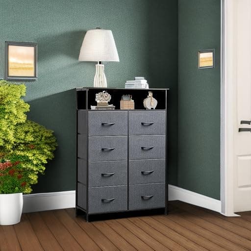 Fabric Dresser with 8 Drawers and Open Shelves for Bedroom or Living Room